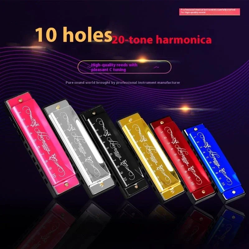 1PC 10 Hole 20 Tone Harmonica Colorful C Key Harmonica Woodwind Instrument Red Silver Black ABS Environmentally Plastic Parts