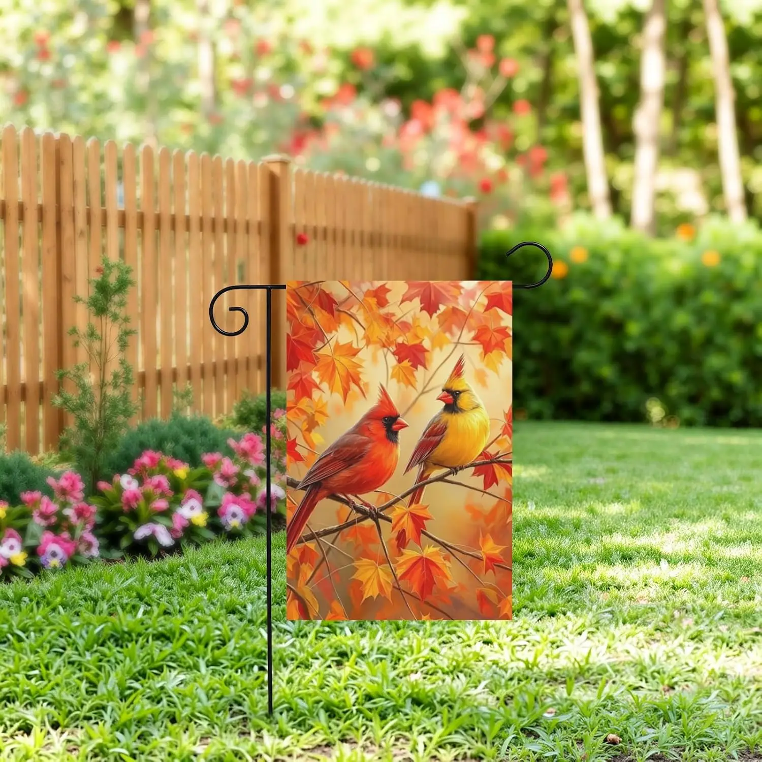 Fall Garden Flag 12x18 Inch Double Sided Cardinal Maple Leaves Yard Flag for Outside Decoration yyi