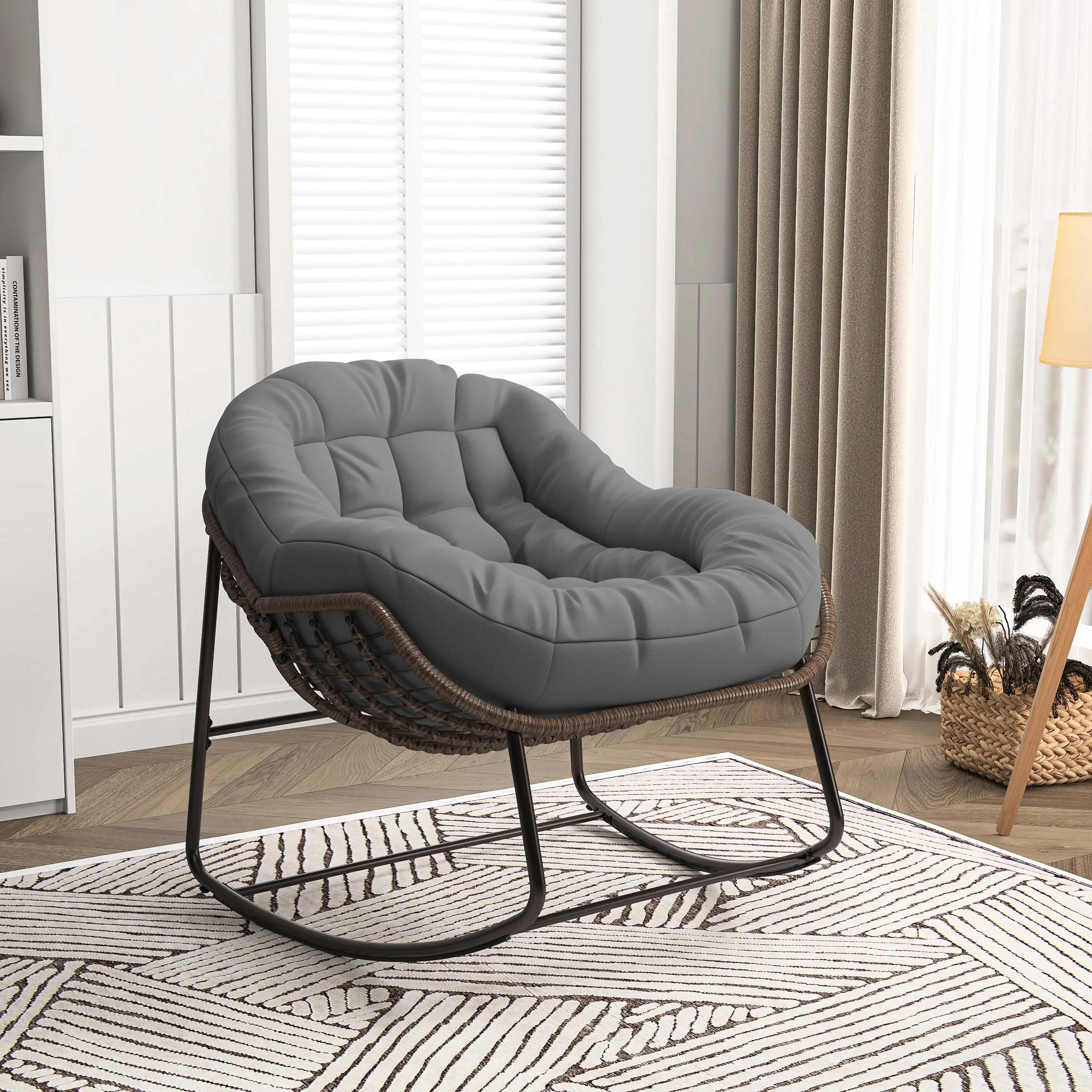 Chaise à Bascule en Rotin d\'Extérieur, Fauteuil Inclinable à Coussin Rembourré pour Porche Avant, Salon, Jardin