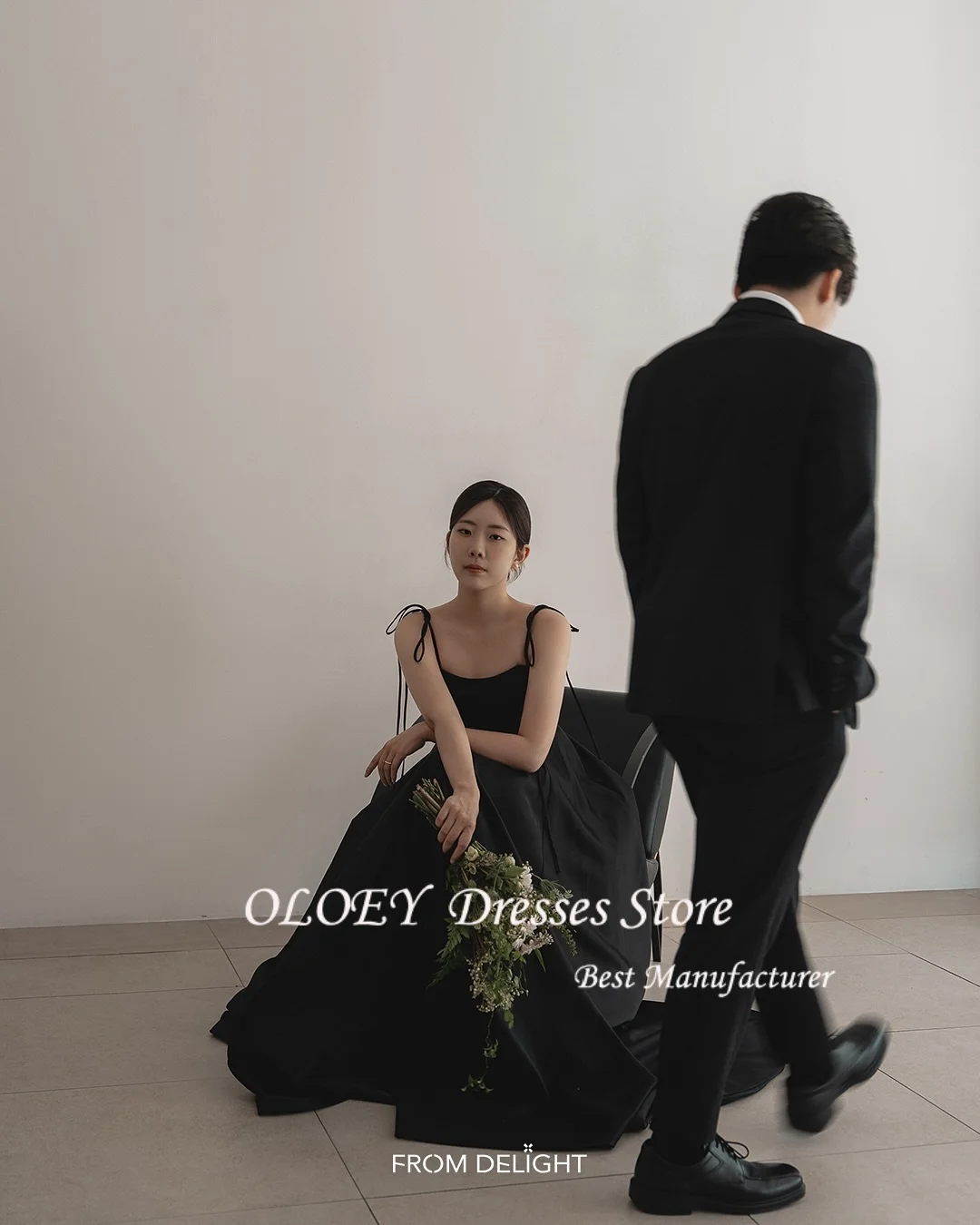 OLOEY Black Korea Wedding Dresses Simple Satin A Line Customized Spaghetti Straps Long Receptions Gowns Photo Shoot 웨딩드레스