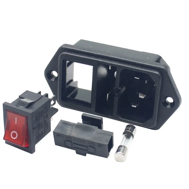 

10A 250V AC Power Plug Power Socket With Red Rocker Switch And Fuse Holder