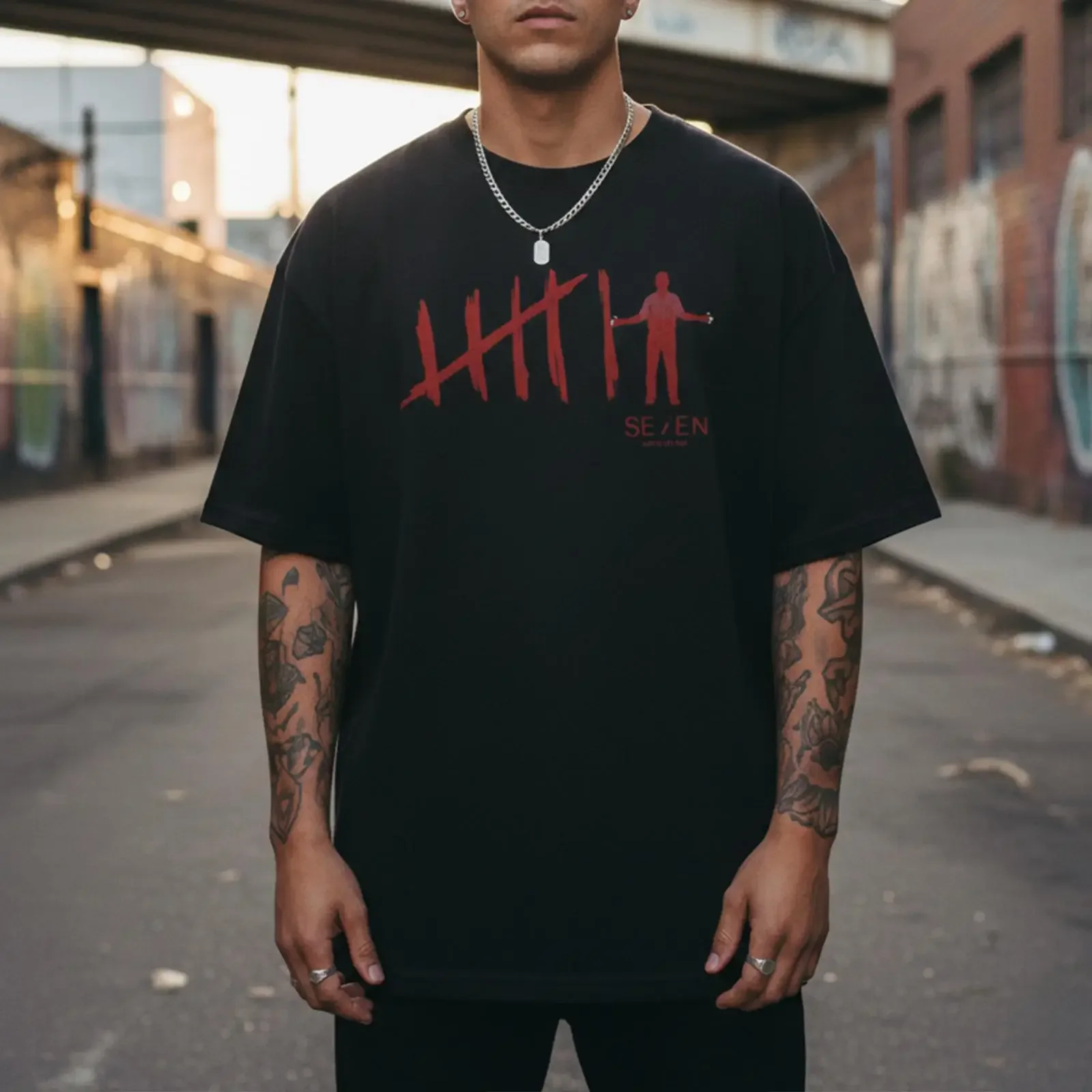Men's Black Oversized T shirt SEVEN Red Tally Stick Figure  Crew Neck Streetwear vintage Washed Slightly Casual