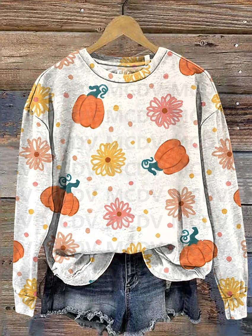 Halloween Pumpkin Daisies Casual Print Sweatshirt 3D Printed Women Casual Pullover