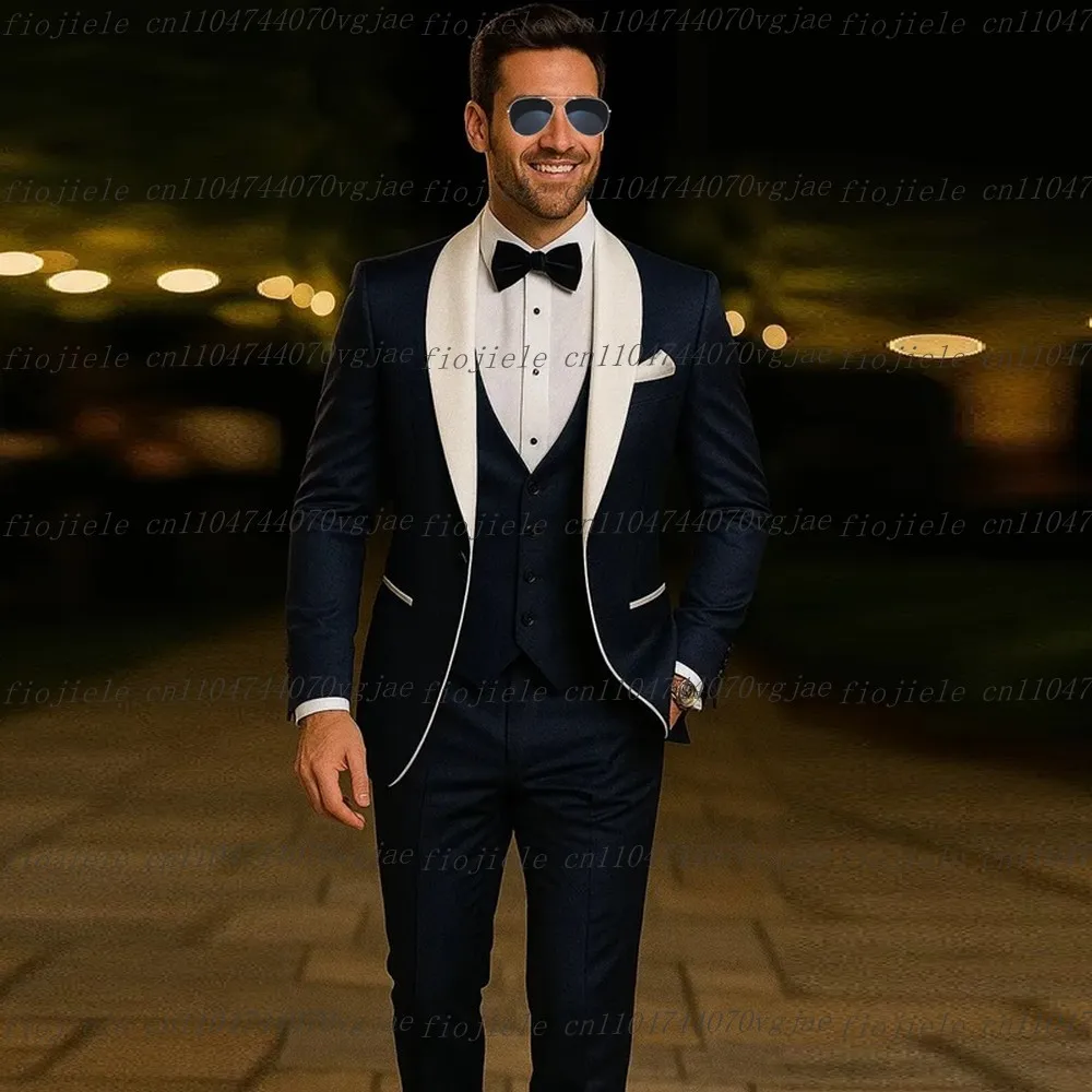 

White Collar And Navy Blue Men Suit Formal Wedding Party Groom Groomsman Business Male Tuxedos 3 Piece Set Jacket Vest Pants