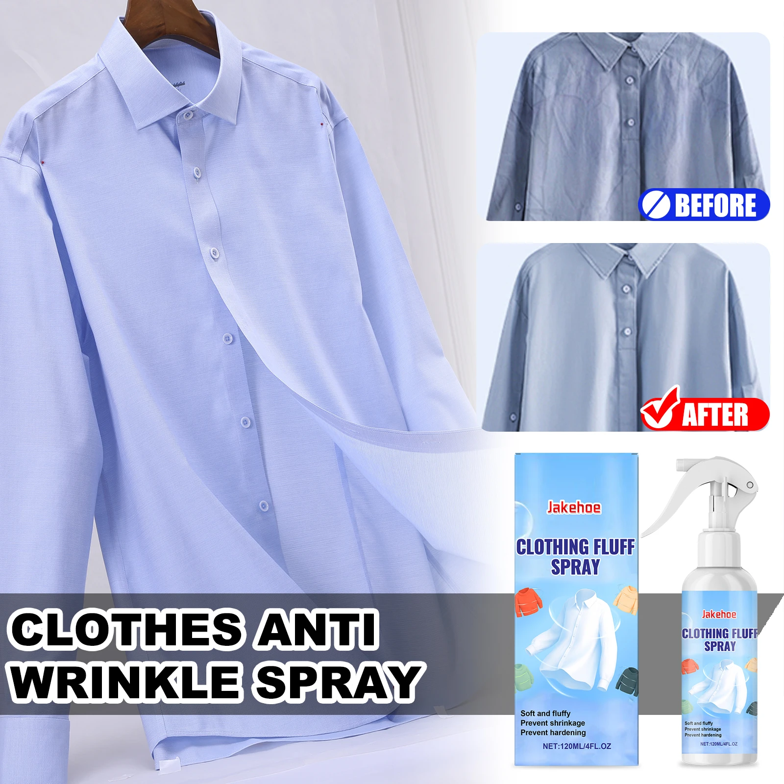 JAKEHOE Clothes Anti-Wrinkle Spray 120ml Anti-static Fluff Liquid Quickly Smooth Fabric Wrinkle Winter Reduce Static Electricity