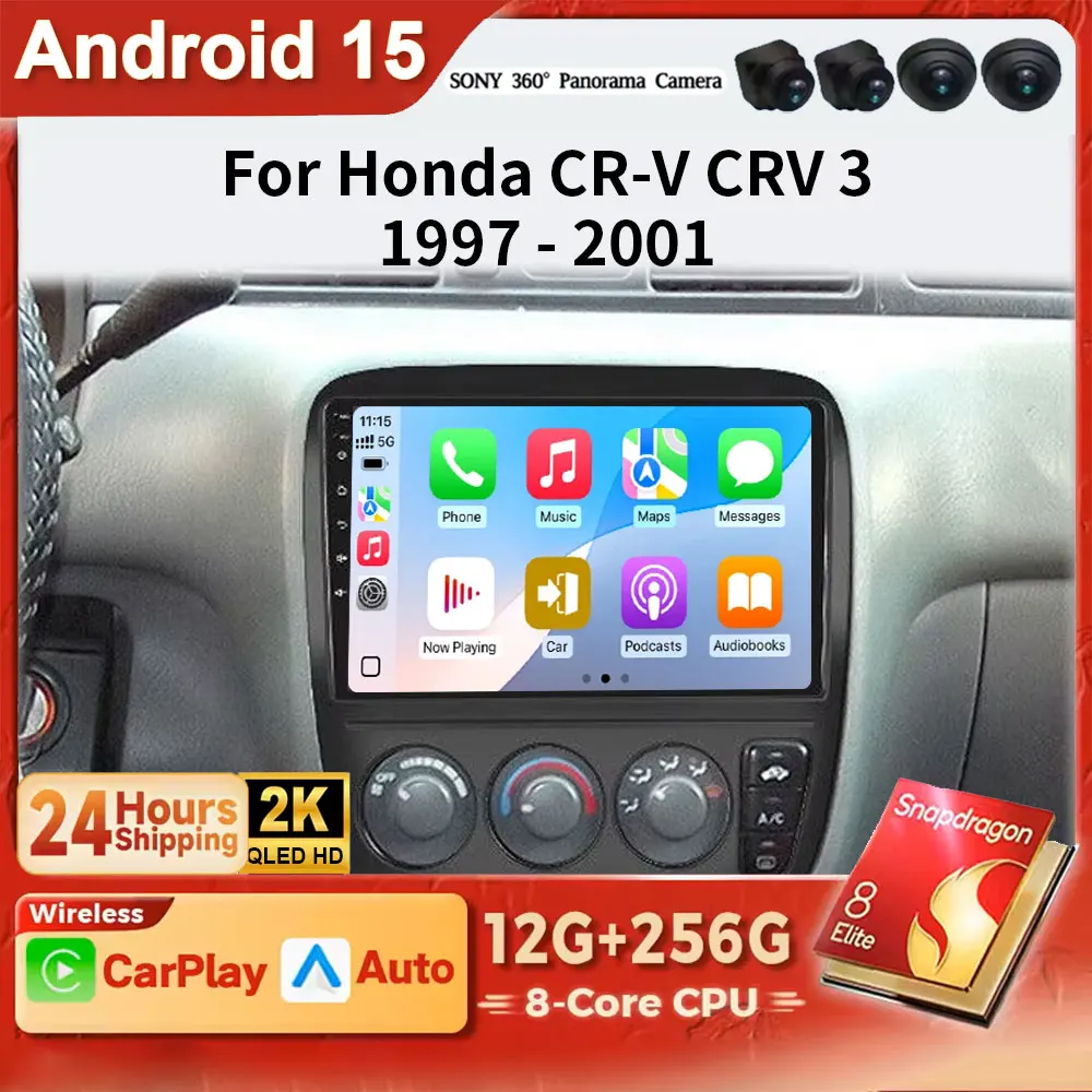 Android 15 2k qled para honda crv CR-V 3 1995-2001 rádio do carro reprodutor de vídeo multimídia navegação gps carplay 5g wifi bt dsp gps