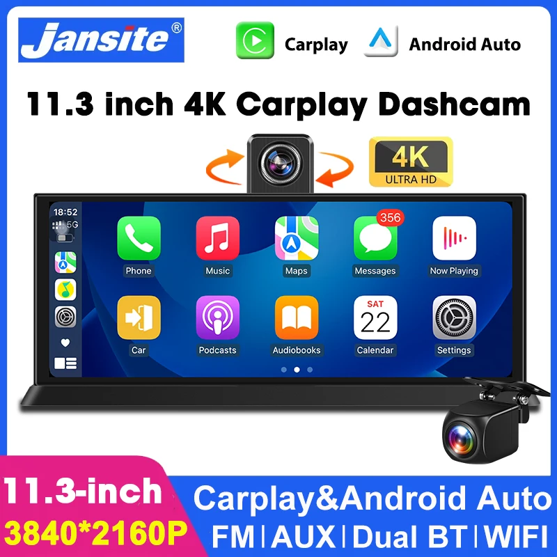 

11.3 inch 4K Car DVR Wireless Carplay Android Auto Dash Cam Touch IPS Screen Dual Lens Video Recorder Dashboard BT FM AUX GPS