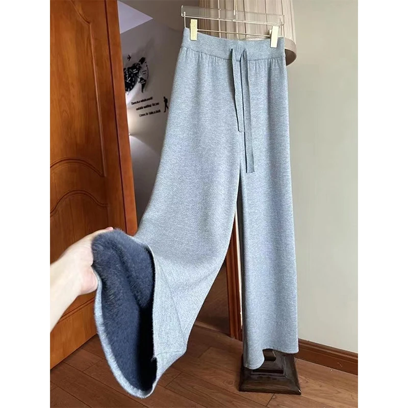Fleece Knitted Pants Women Fashion Black Baggy Wide Leg Pants Autumn Winter Ladies Korean High Waist Warm Straight Trousers New