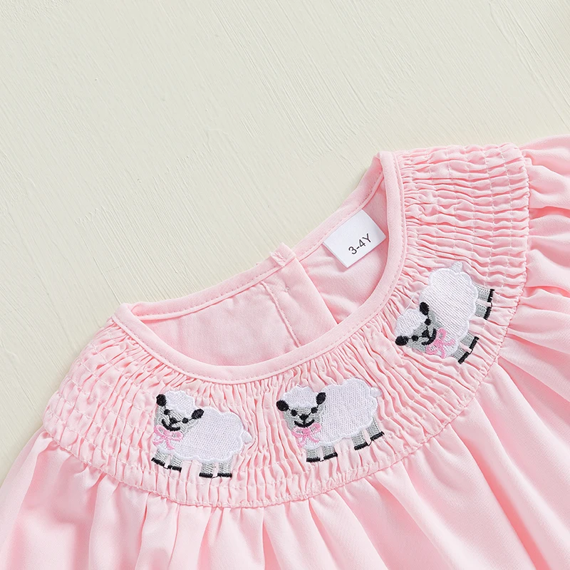 Autumn Kid Girls Dress A-line Long Sleeve Round Neck Sheep Embroidery Princess Dresses