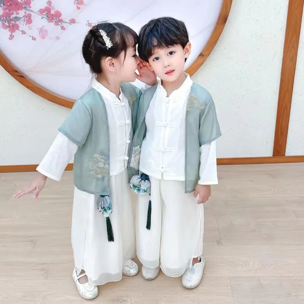 2025 Hanfu unissex para crianças – Conjuntos de fantasias Tang estilo chinês, estilo verão/outono-inverno, para apresentações de jardim de infância