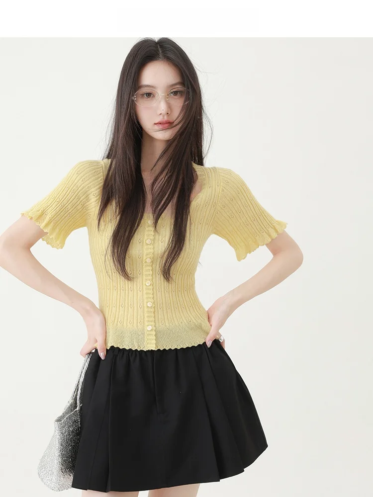 

CHACHASTU Yellow Knitted round Ne irt Women's Summer Slim Fit Outerwear irt French Sle ort Sve Casual irt