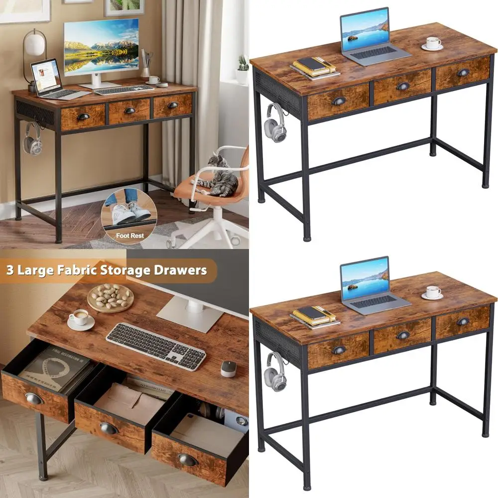 

Compact 3-Drawer Desk, 40 Home Office Writing Table, Hooks Included, Space-Saving Study Desk for Small Rooms, Bedroom Makeup Van