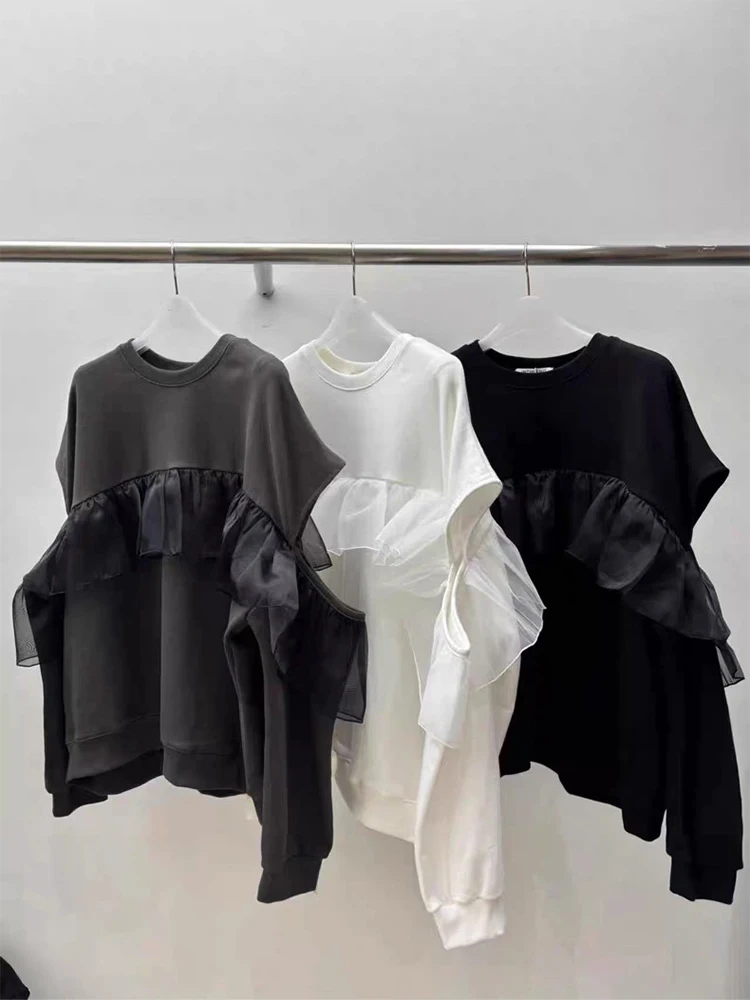 Clothland femmes élégant sweat à volants col rond découpé à manches longues pull femme mode Chic hauts HA613