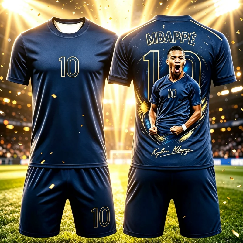 Summer Hot Selling Fashion New Mbappe # 10 Football Short Sleeved T-shirt and Shorts Set Breathable Comfortable Family Kid Tees