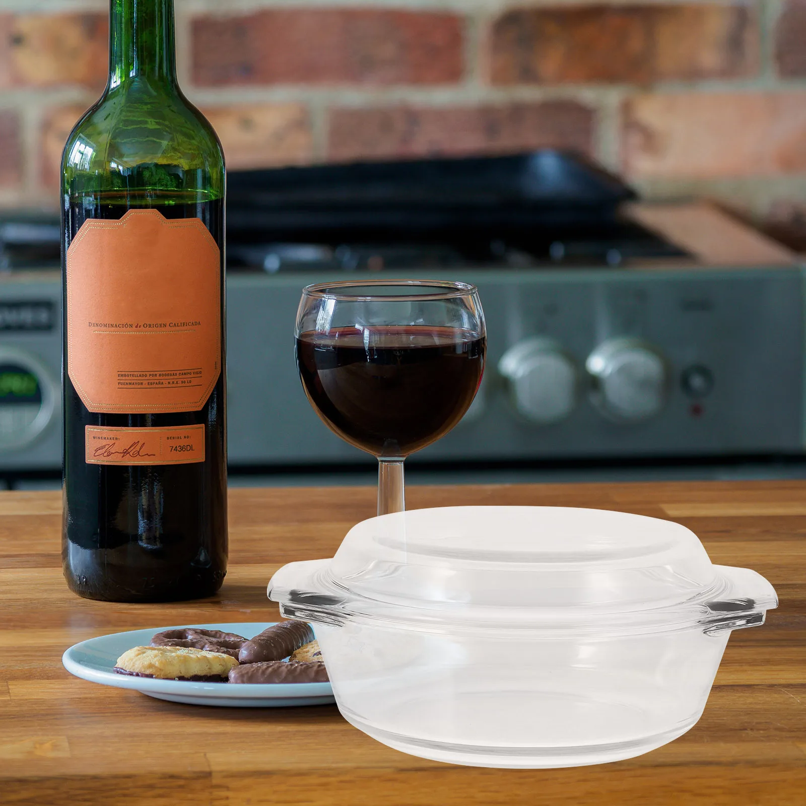 طاجن زجاجي مقاوم للحرارة، فرن آمن للميكروويف، وعاء زجاجي مقاوم لغسالة الأطباق، وعاء مستدير مغطى لخدمة الطبخ