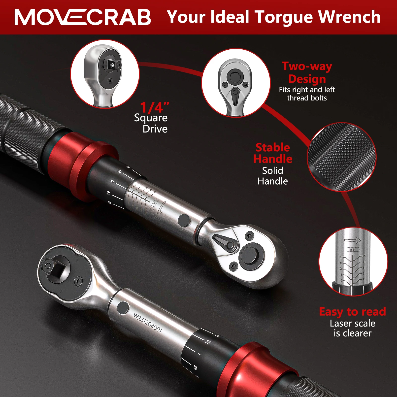 MoveCrab Professional 15Pcs 1/4 Inch Dual Direction Bicycle Torque Wrench Set 2-20N.m Mechanical Kit for Precision Bike Repair