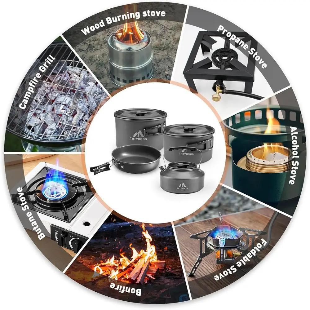 طقم أدوات طهي للتخييم 27 قطعة تتسع لـ 2-4 أشخاص، طقم أواني طهي محمولة مع غلاية وأواني ومقالي، أواني من الفولاذ المقاوم للصدأ، أطباق #5