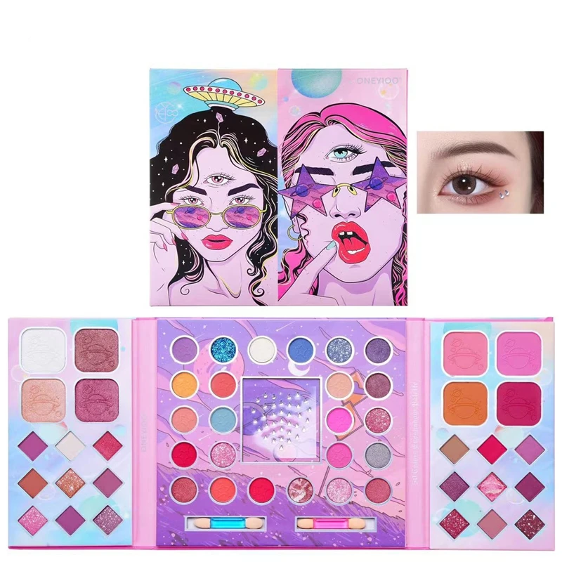 50 colori tre occhi ragazza tavolozza di ombretti opachi con bastoncini di soffio di diamanti Glitter Blush Pigment trucco professionale per il viso