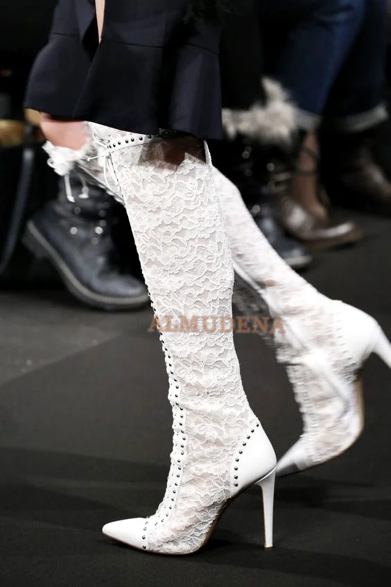 

Women Chic White Wedding Shoes Lace Pointed Toe Stilettos High Heeled Knee-high Boots Tie Designer Fall Tall Boot for Bride