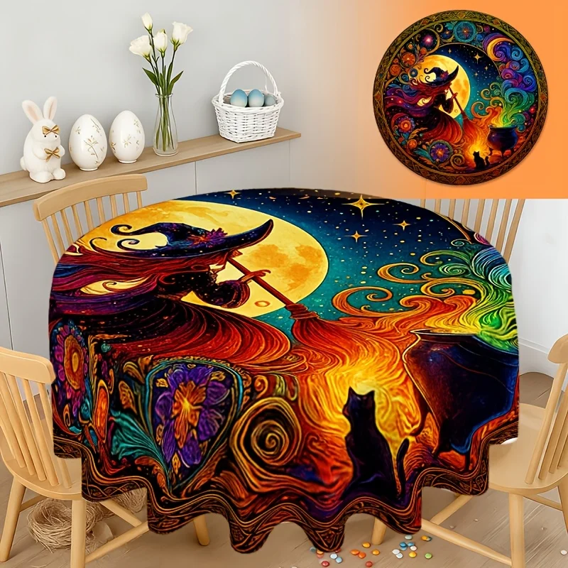 1 piece of bright magic witch circular tablecloth, made of durable polyester material, suitable for the kitchenzyc