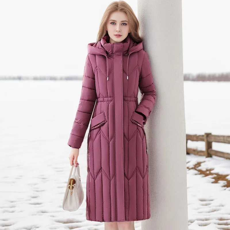 Slim Fit Women's Winter Quilted Jacket Geometric Print Spliced Zipper Fly Hooded Coat For Female Long Windproof Lady's Jacket