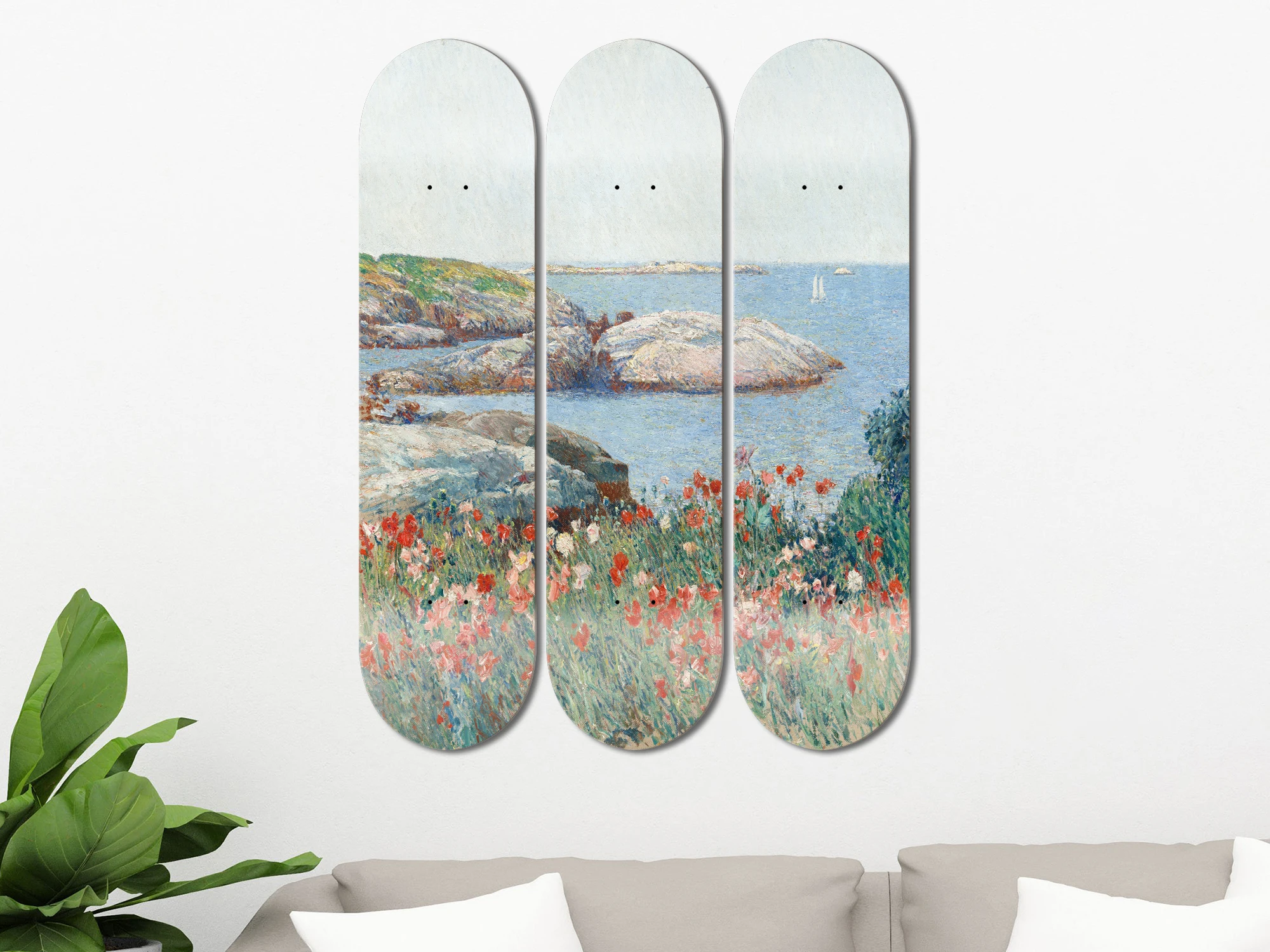 Impressionist Seaside Poppy Seascape 3Pcs Skate Deck Wall Art Vintage Landscape Home Decor