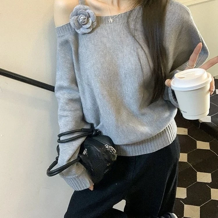 Sweet Sweater One Shoulder Knit Sweater Loose and Niche Pullover Sweater for Women