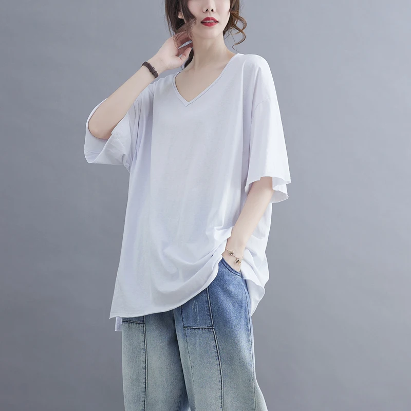 plus Size Women's  Color ort Sve T-irt V-Ne Loose Fit Bamboo Cotton Summer Top Slimming Effect Base irt