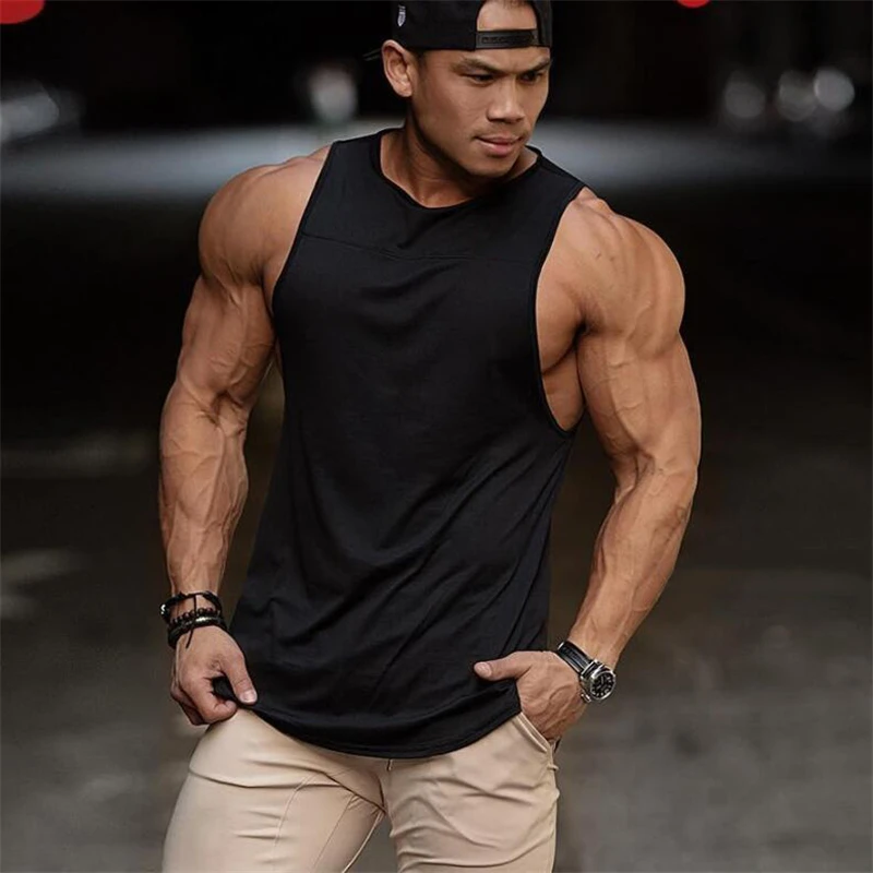 Solid Color Gym Bodybuilding Fitness Tank Tops Cotton Sleeveless Breathable Cool Sport Shirt Mens Loose Workout Muscle Singlets