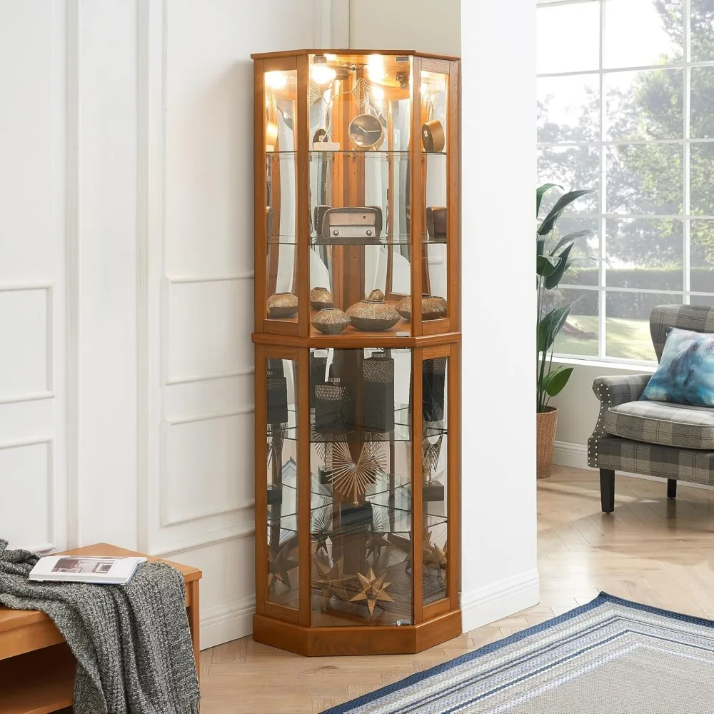 Lighted Corner Curio Display Cabinet with Doors, 6 Tiers Corner Curio Cabinet with Adjustable Tempered Glass Shelves