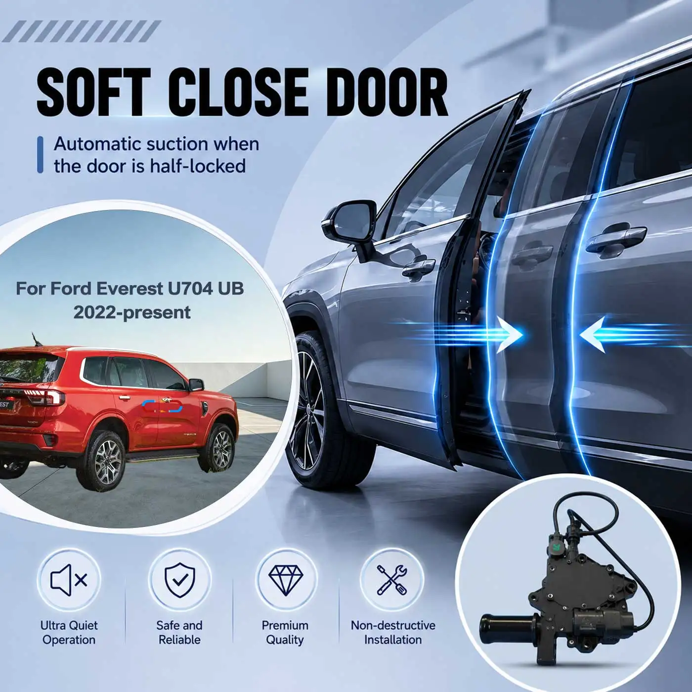 

For Ford Everest U704 UB 2022-present Electric Soft Close Door Auto Pull-In Suction Lock Intelligent Silent Closer Kit