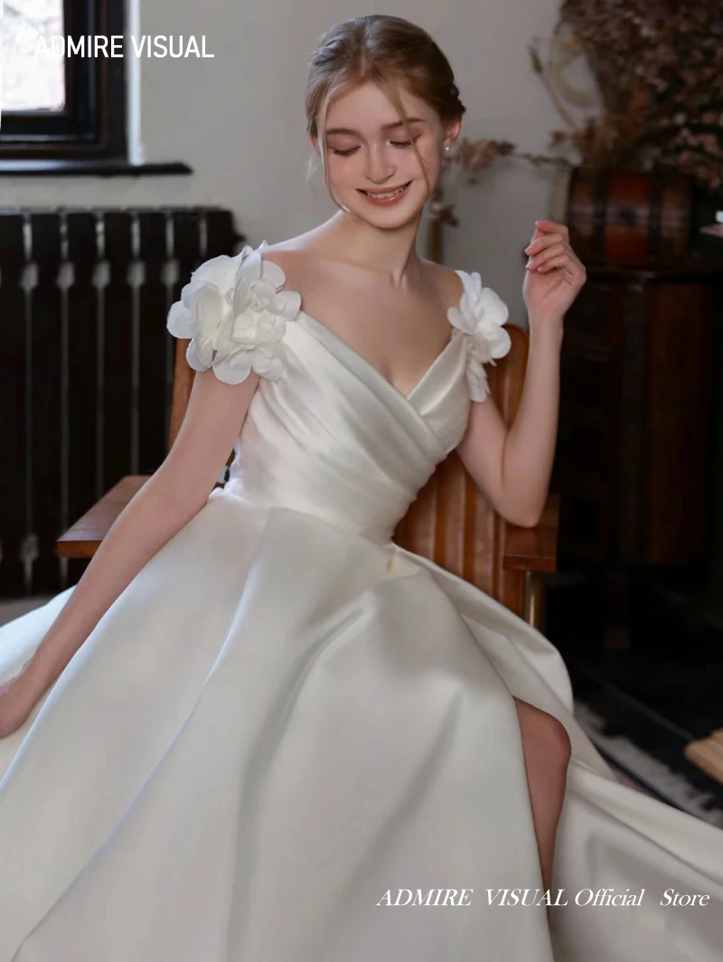 Vestido De novia corte A satén cuello en V con abertura personalizado tallas grandes con flores 3D Vestidos De Novias 2024