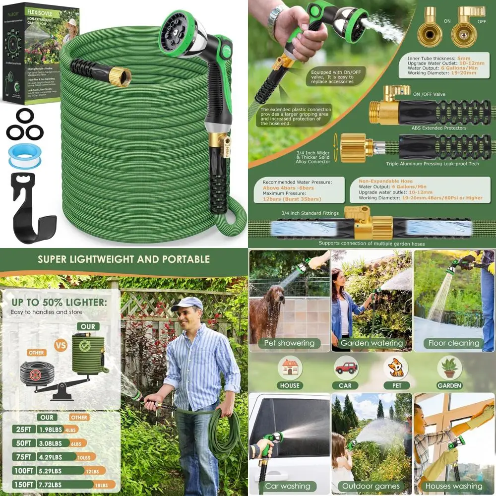 

Сверхлегкий нерасширяемый садовый шланг длиной 100 футов с 10 насадками, герметичная ткань высокой плотности для прочного использования на открытом воздухе.