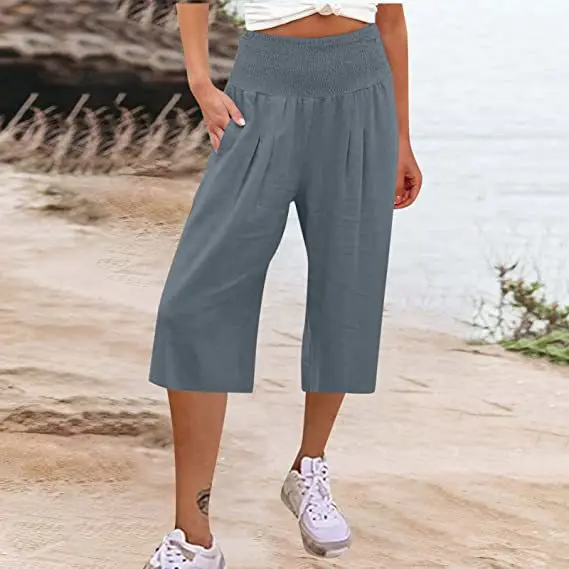 

Elastic Waist Loose Casual Cropped Pants For Women Summer Style High Waist Pocket Solid Color Thin Beach Vacation Wide Leg Pants