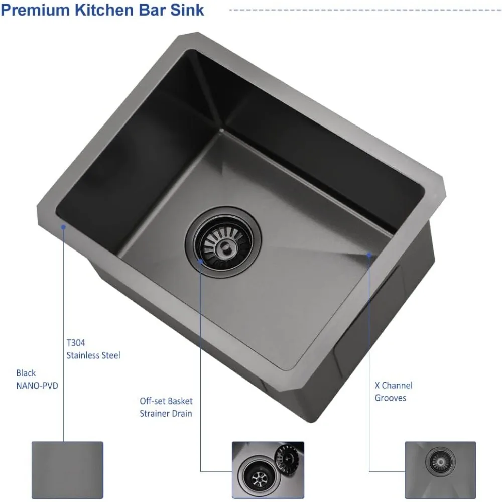Fregadero de barra bajo montaje de acero inoxidable, 12x16 pulgadas, calibre 16, acabado negro, fregadero de preparación de barra de cocina con lavabo pequeño para