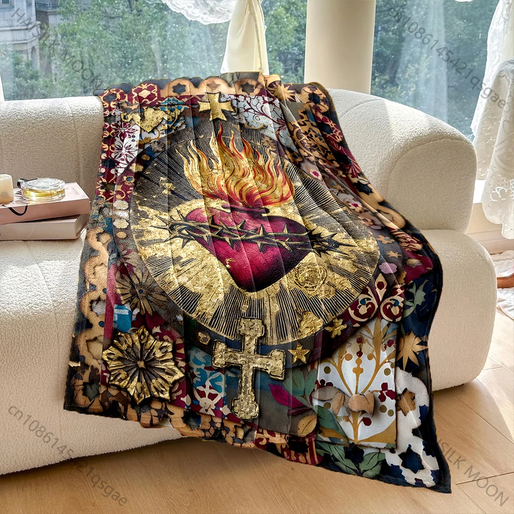 1PC Sacred Heart flames thorns decoration Print Blanket Warm Soft Fluffy Kids Adult Sofa Bed Throw Blanket Travel Camping RV