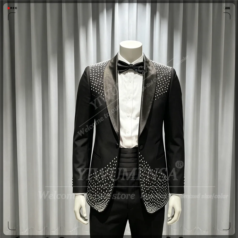 Exclusive Wedding Suit For Man Sliver Beaded Stones Jacket Trousers 2 Pieces Sets Groom Tuxedos Customized Trajes Para Hombre