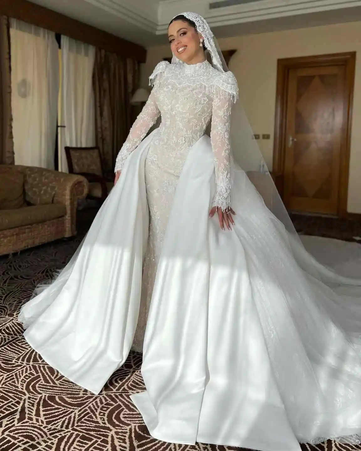 Elegant Muslim Mermaid Wedding Dress High Neck Long Sleeve Lace Appliques Overskirt Outfit Vestido De Novia Customized