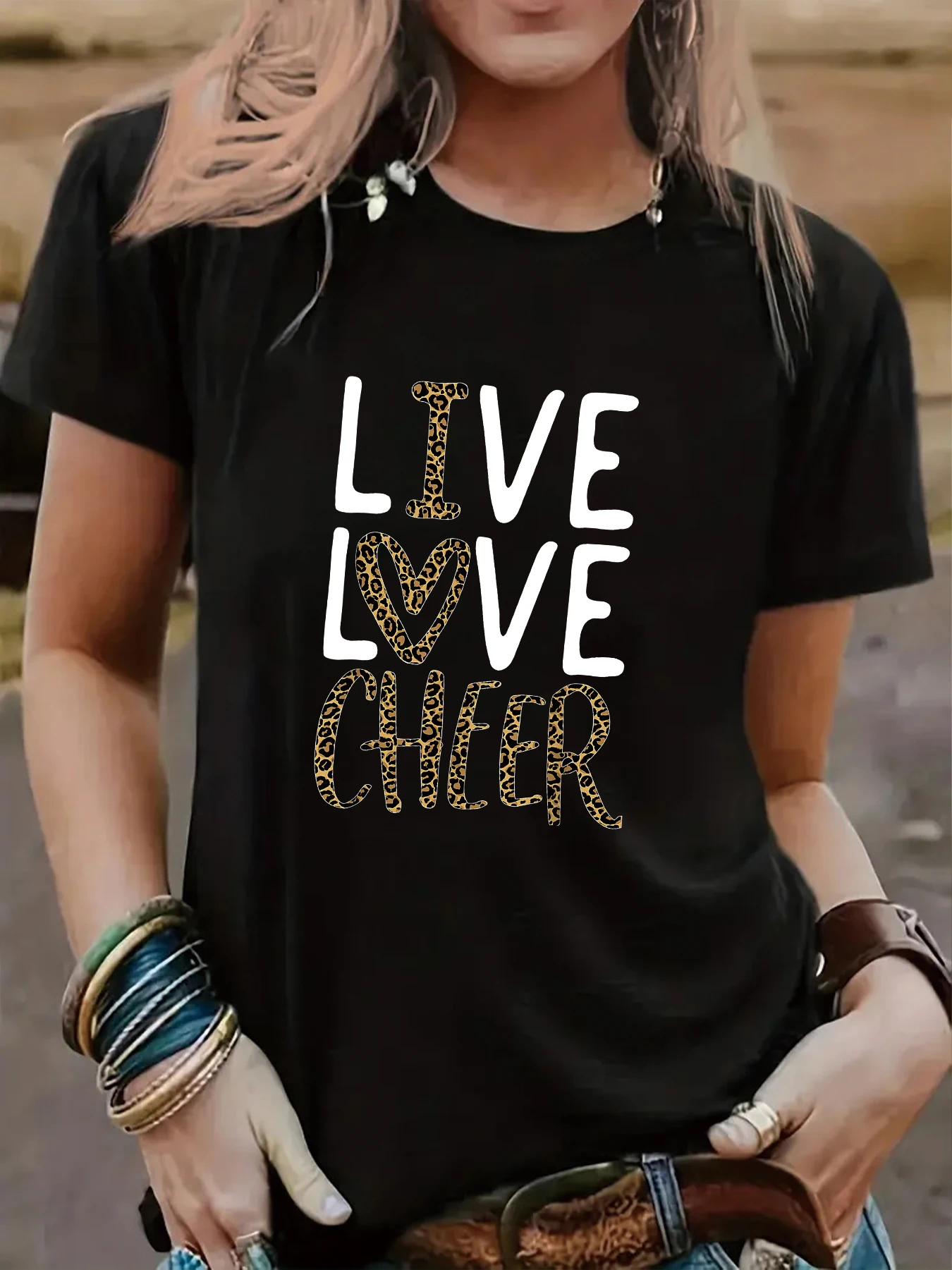2024 Summer New Live Love Cheer Girl Cheerleading Cheerleader Women Cheer T-Shirt Round Neck Short Sleeved Top