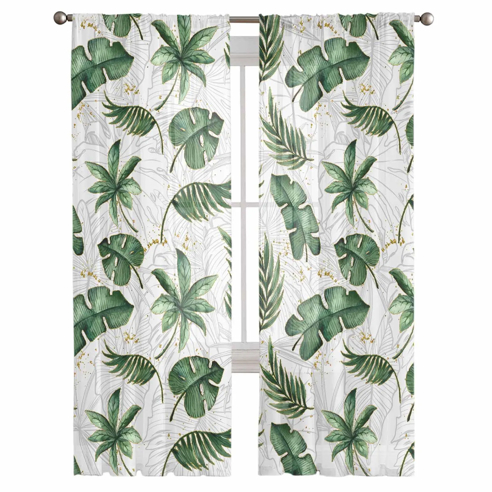 Summer Tropical Plants Palm Leaves Sheer Tulle Curtains for Living Room Valance Curtains Kitchen Bedroom Window Voile Drapery