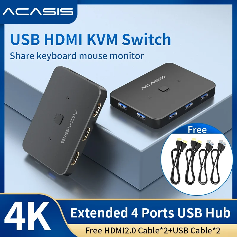 ACASIS USB HDMI KVM Switch 2 in 1 out 4K@60Hz HDMI Switcher Extended 4 Ports USB3.0 Hub with HDMI 2.0 Cables for Computer Laptop