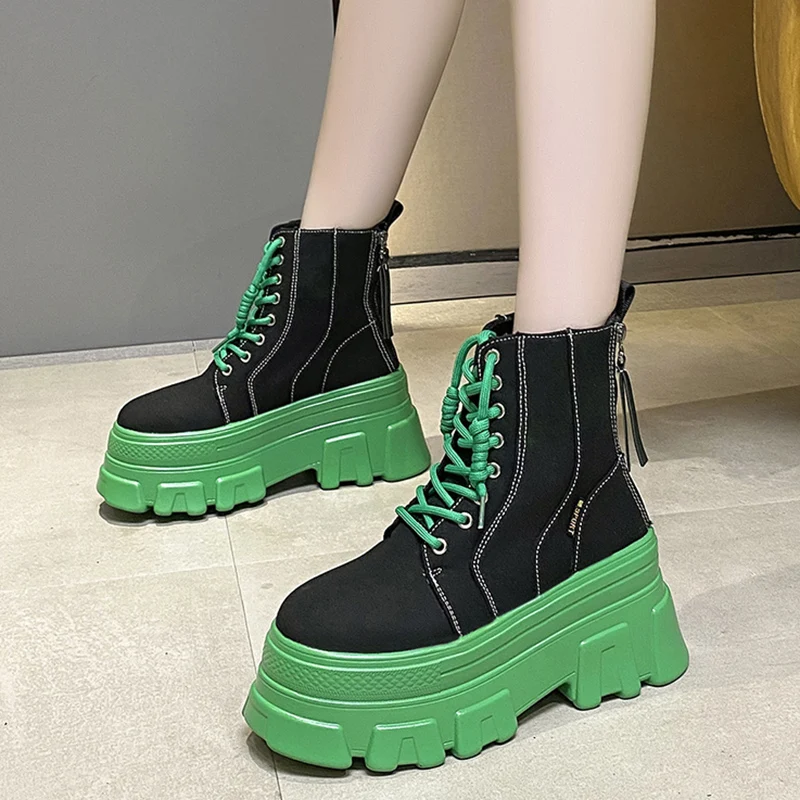 Rimocy Green Punk Chunky Platform Ankle Boots for Women Autumn Winter Thick Bottom Motorcycle Boots Wedges Gothic Shoes Woman