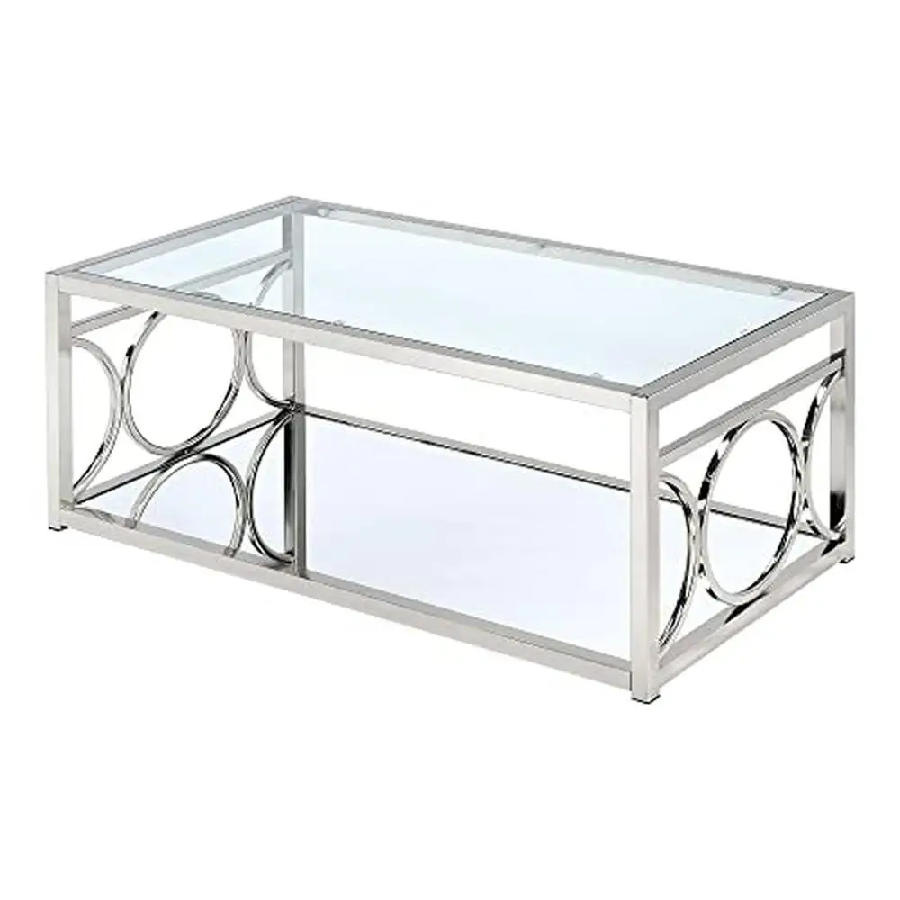 Luxury Modern Chrome Glass Coffee Table with Bottom Shelf 47.25