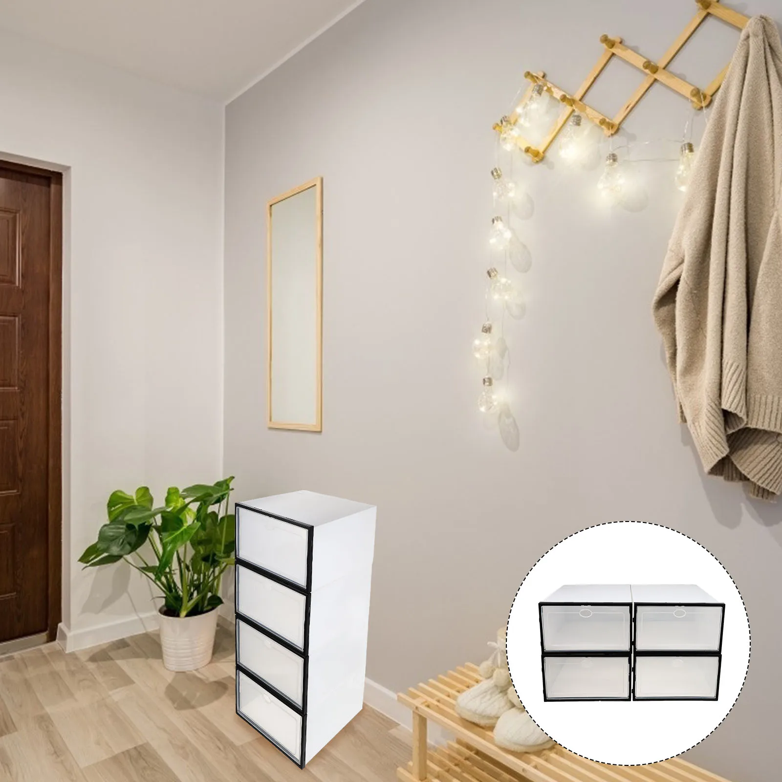 

4pcs Thickened Plastic Shoe Boxes Home Storage Containers Waterproof Dustproof Black Frame White Women Size Shoes Box