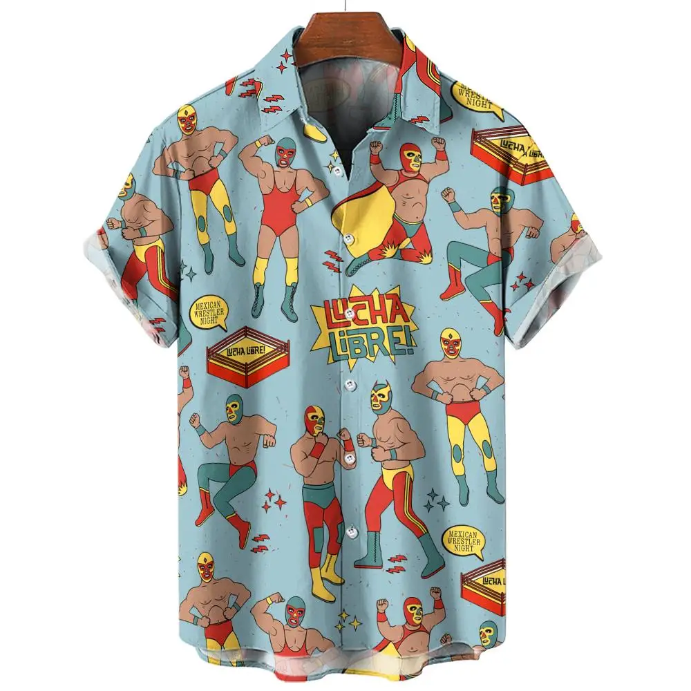 Neues Retro 3D Mexikanisches Wrestling-Print Modisches Schnelltrocknendes Lockeres Hawaiianisches Herren-Kurzarmhemd – Detail 9