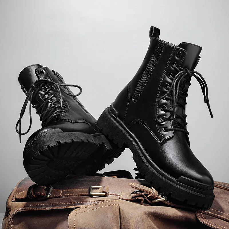 2026 Men's British-Style Chelsea Combat Boots Mid-Calf Leather Work Shoes Side Zipper Wide Fit Non-Slip Comfort Footwear for Men