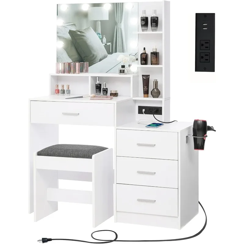 

Large Vanity Table Set with Lighted Mirror & Charging Station, Makeup Vanity Dressing Table with 4 Storage Shelves and 4 Drawers