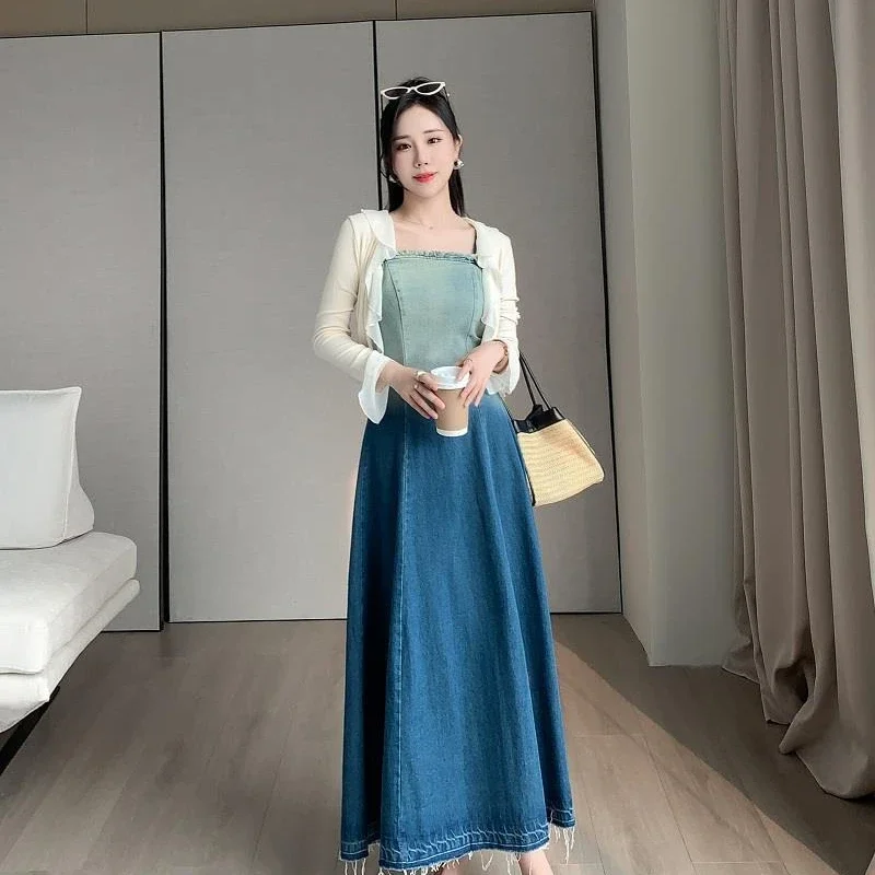 Gaun Denim Suspender Wanita Warna Gradien Segar Musim Panas Pakaian Elegan A-line Esensial Pesta Panjang Berkualitas Rok Koboi Kamisol