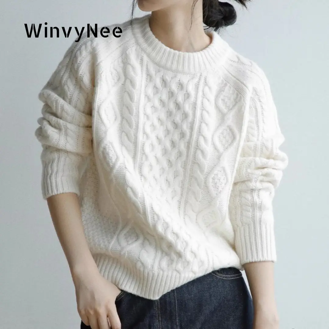 

WinvyNee Winter Women 100% Wool Thick Sweaters Long Sleeve Solid Loose O Neck Twist Pullovers Casual Knit Oversized Top A1113016