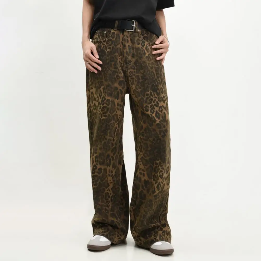 

Leopard Print Jeans Leopard Print Unisex Hop Jeans with Wide Leg Button Zipper Closure Soft Streetwear Trousers for Young Adults